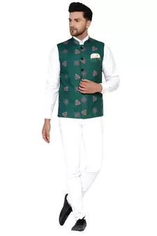 Green printed cotton nehru-jacket