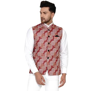 Maroon printed cotton nehru-jacket 1