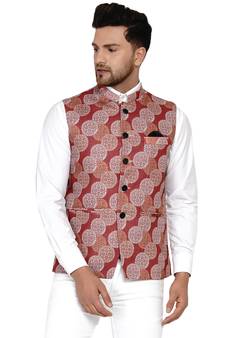 Maroon printed cotton nehru-jacket