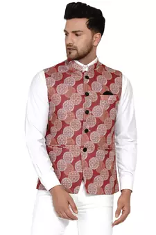 Maroon printed cotton nehru-jacket