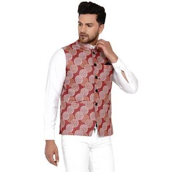 Maroon printed cotton nehru-jacket 2