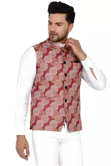 Maroon printed cotton nehru-jacket