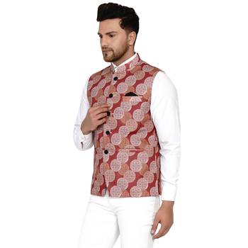 Maroon printed cotton nehru-jacket 3