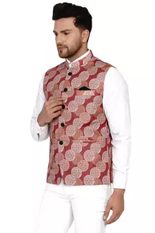 Maroon printed cotton nehru-jacket