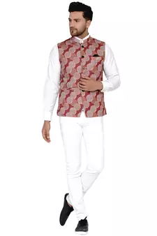 Maroon printed cotton nehru-jacket