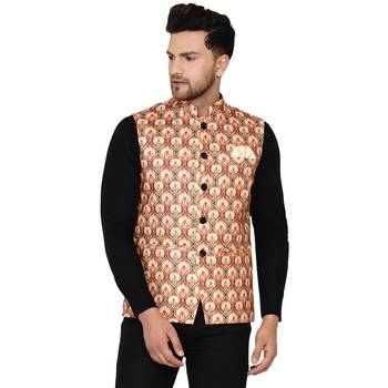 Beige printed cotton nehru-jacket 1
