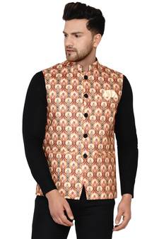 Beige printed cotton nehru-jacket