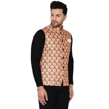 Beige printed cotton nehru-jacket 2