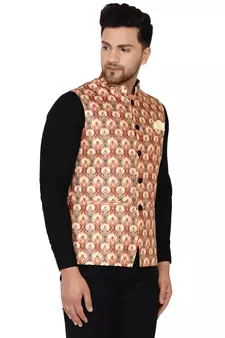 Beige printed cotton nehru-jacket