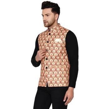 Beige printed cotton nehru-jacket 3