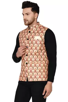 Beige printed cotton nehru-jacket