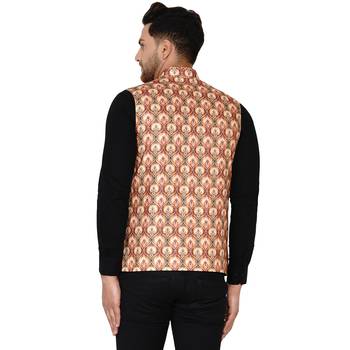 Beige printed cotton nehru-jacket 4