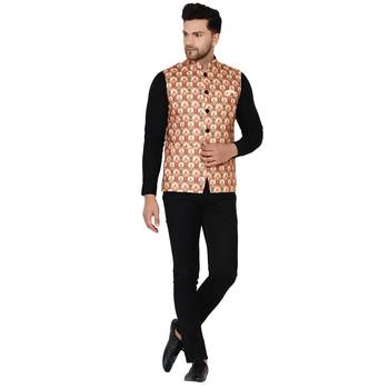Beige printed cotton nehru-jacket 5
