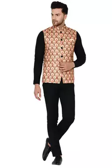Beige printed cotton nehru-jacket