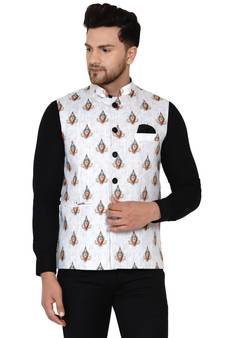 White printed cotton nehru-jacket