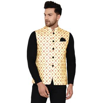 Yellow printed cotton nehru-jacket 1