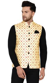 Yellow printed cotton nehru-jacket