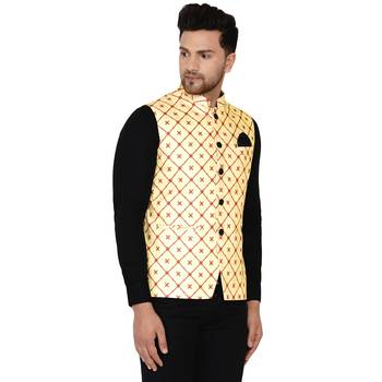 Yellow printed cotton nehru-jacket 2