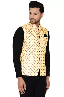 Yellow printed cotton nehru-jacket