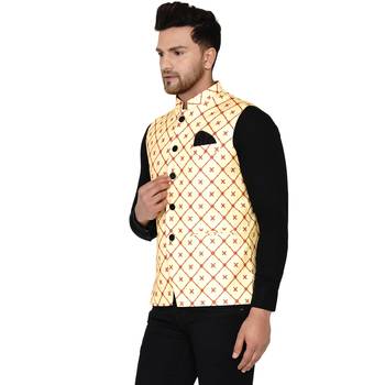 Yellow printed cotton nehru-jacket 3