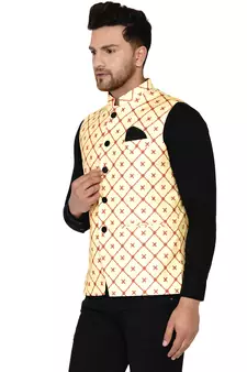 Yellow printed cotton nehru-jacket