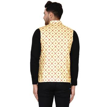 Yellow printed cotton nehru-jacket 4