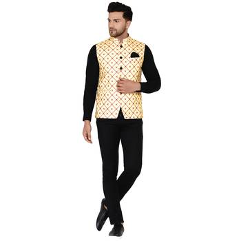 Yellow printed cotton nehru-jacket 5