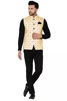 Yellow printed cotton nehru-jacket