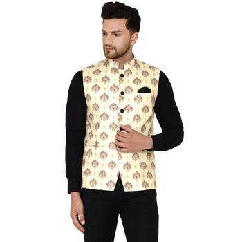 Beige printed cotton nehru-jacket 1