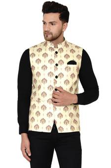 Beige printed cotton nehru-jacket
