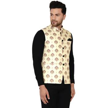 Beige printed cotton nehru-jacket 2