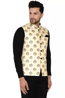 Beige printed cotton nehru-jacket