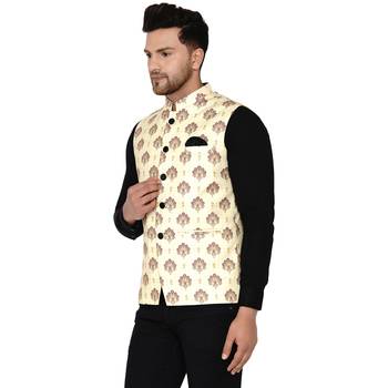 Beige printed cotton nehru-jacket 3