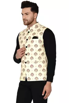 Beige printed cotton nehru-jacket