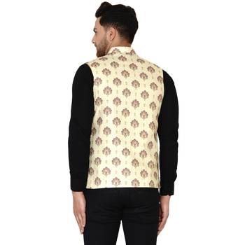 Beige printed cotton nehru-jacket 4