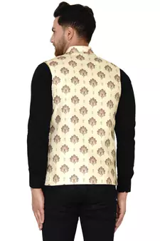 Beige printed cotton nehru-jacket