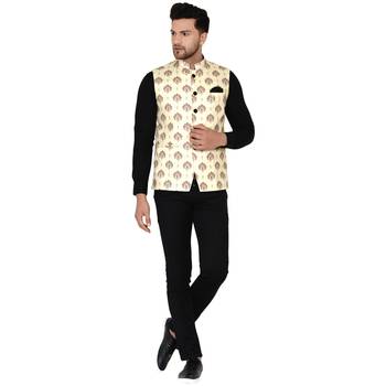 Beige printed cotton nehru-jacket 5