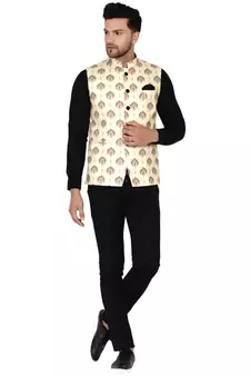 Beige printed cotton nehru-jacket