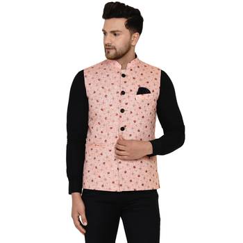 Pink printed cotton nehru-jacket 1