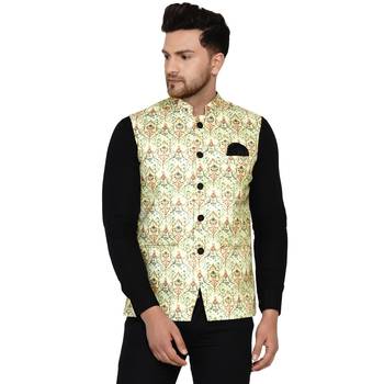 Green printed cotton nehru-jacket 1