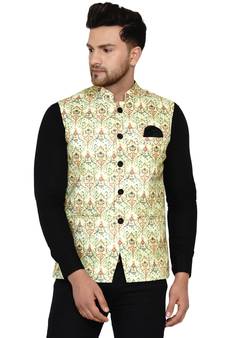 Green printed cotton nehru-jacket