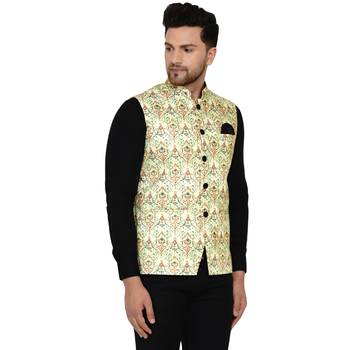 Green printed cotton nehru-jacket 2