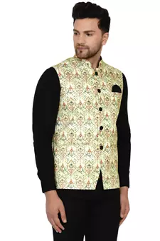 Green printed cotton nehru-jacket