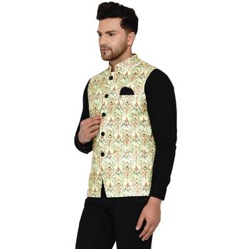 Green printed cotton nehru-jacket 3