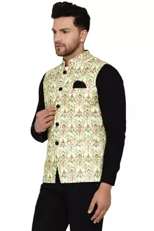 Green printed cotton nehru-jacket