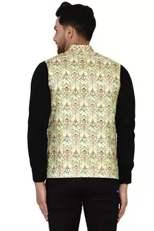 Green printed cotton nehru-jacket