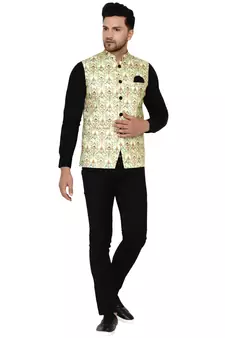 Green printed cotton nehru-jacket
