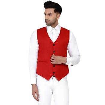 Red plain cotton nehru-jacket 1