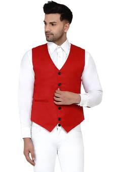Red plain cotton nehru-jacket