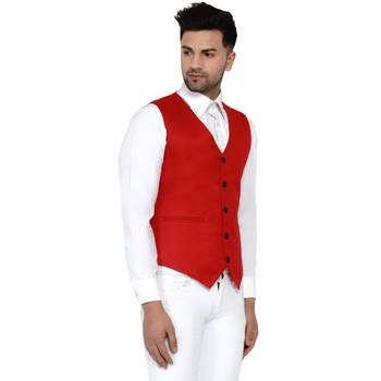 Red plain cotton nehru-jacket 3